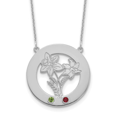 14K White Gold Circle w/2 Birth Flower and Birthstone Necklace