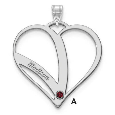 10K White Gold Name w/Birthstone w/14K Bezel Cut Out Heart Pendant