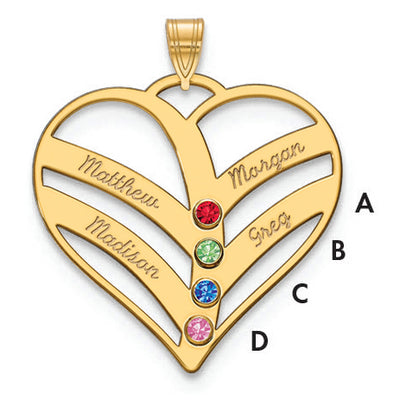 10K Yellow Gold 4-Name w/Birthstones w/14K Bezel Cut Out Heart Pendant