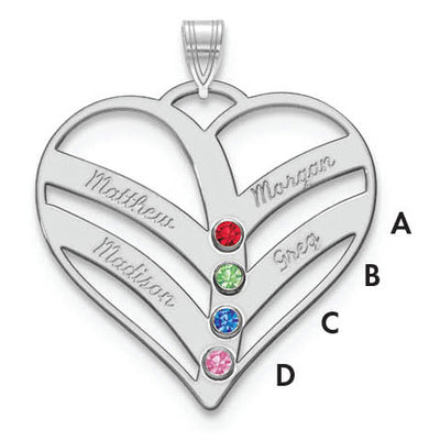 10K White Gold 4-Name w/Birthstones w/14K Bezel Cut Out Heart Pendant