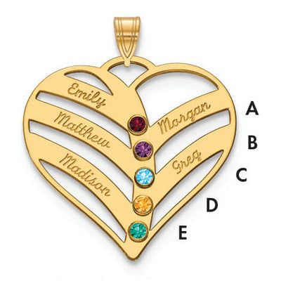 10K Yellow Gold 5-Name w/Birthstones w/14K Bezel Cut Out Heart Pendant
