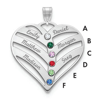 10K White Gold 6-Name w/Birthstones w/14K Bezel Cut Out Heart Pendant