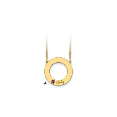 14K Yellow Gold 1 Name and Birthstone w/ 14K Bezel Cut Out Circle Necklace