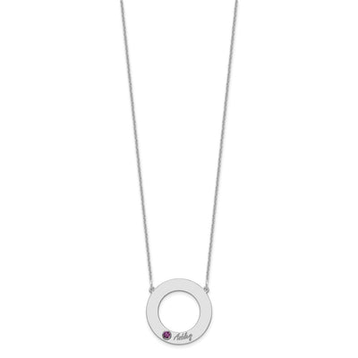 14K White Gold 1 Name & Birthstone w/ 18K Rhodium Plated Bezel Circle Necklace