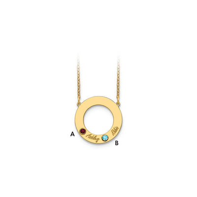 14K Yellow Gold 2 Name and Birthstone w/ 14K Bezel Cut Out Circle Necklace