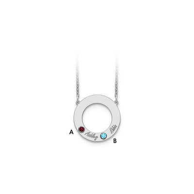 14K White Gold 2 Name & Birthstone w/ 18K Rhodium Plated Bezel Circle Necklace