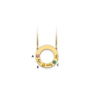 14K Yellow Gold 3 Name and Birthstone w/ 14K Bezel Cut Out Circle Necklace