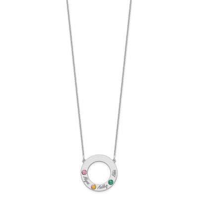 14K White Gold 3 Name & Birthstone w/ 18K Rhodium Plated Bezel Circle Necklace