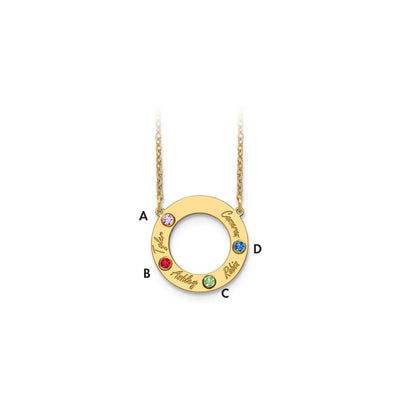 14K Yellow Gold 4 Name and Birthstone w/ 14K Bezel Cut Out Circle Necklace