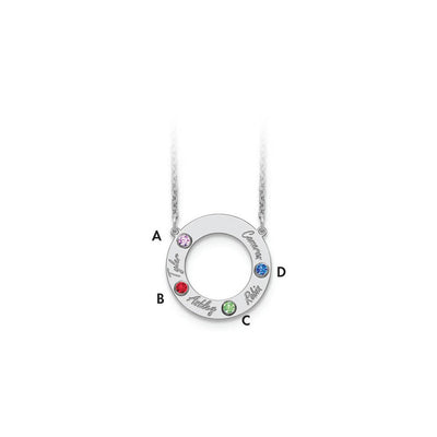 14K White Gold 4 Name & Birthstone w/ 14K Rhodium Plated Bezel Circle Necklace