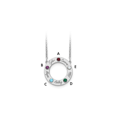 14K White Gold 5 Name & Birthstone w/ 18K Rhodium Plated Bezel Circle Necklace