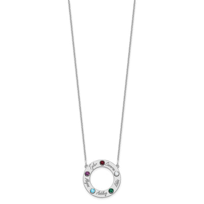 14K White Gold 5 Name & Birthstone w/ 18K Rhodium Plated Bezel Circle Necklace