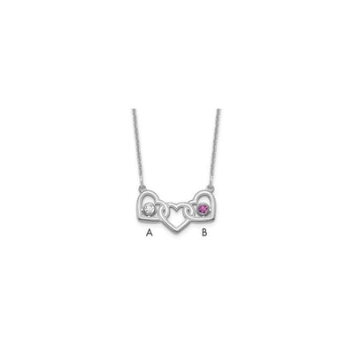 14K White Gold 3 Hearts 2 Birthstones w/ 18K Rhodium Plated Bezels Necklace