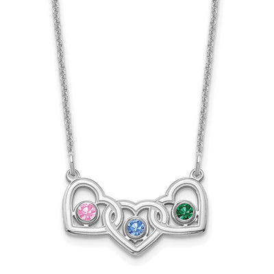 14K White Gold 3 Hearts 3 Birthstones w/ 18K Rhodium Plated Bezels Necklace