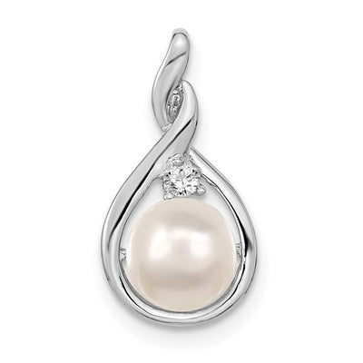 14K White Gold White Round FW Cultured Pearl & AA Diamond Pendant