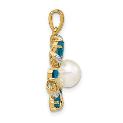 14K Diamond and Button FWC Pearl/London Blue Topaz Pendant