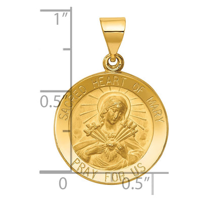 14K Polished and Satin Sacred Heart of Mary Medal Hollow Pendant, 26.8 x 18.5mm