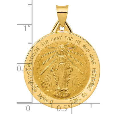 14K Polished and Satin Miraculous Medal Hollow Pendant, 34 x 25mm