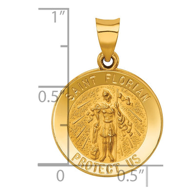 14K Polished and Satin St Florian Medal Hollow Pendant, 26.5 x 18.5mm