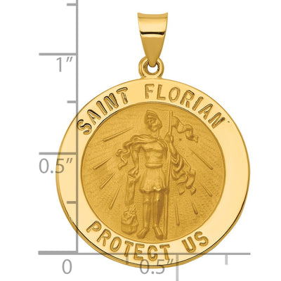 14K Polished and Satin St Florian Medal Hollow Pendant, 33 x 25mm
