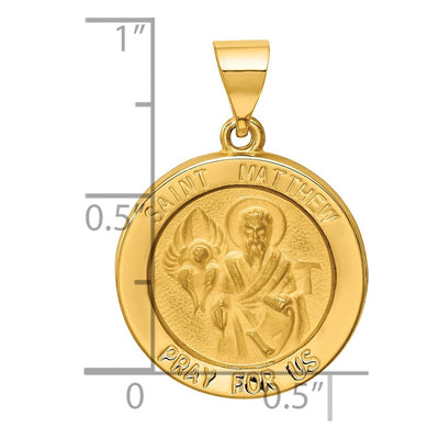 14K Polished and Satin St Matthew Medal Hollow Pendant, 22 x 19mm