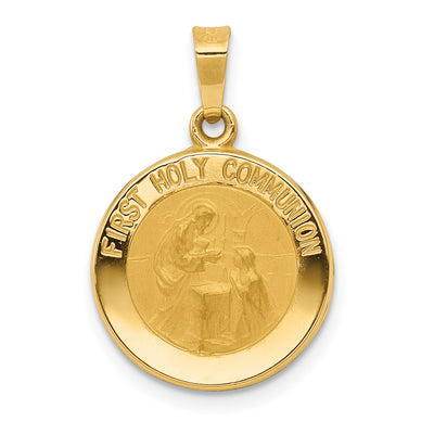 14K Polished/Satin First Holy Communion Medal Hollow Pendant