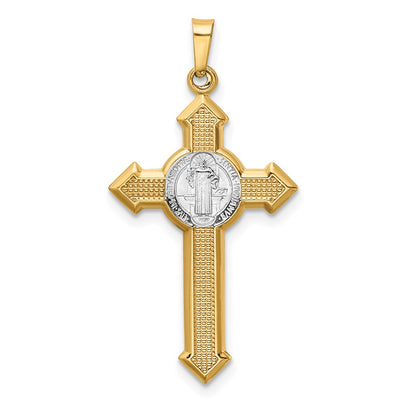 14K w/Rhodium St. Benedict Hollow Medal INRI Crucifix Pendant