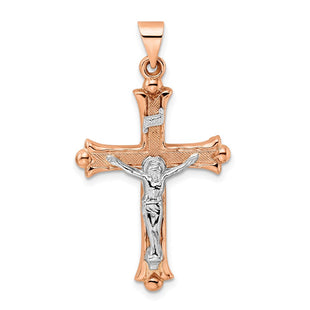 14k Rose and White Gold Polished Fleur de Lis INRI Hollow Crucifix (Style XR1875)