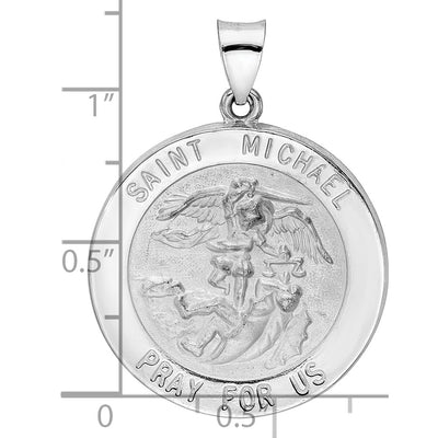 14K White Gold Polished and Satin Hollow St Michael Medal Pendant, 33.28 x 25.05mm