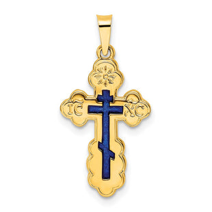14k Polished Eastern Orthodox Blue Enamel Solid Cross Pendant (Style XR2022)