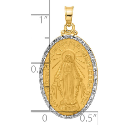 14K with Rhodium Satin and Polished Miraculous Medal Solid Oval Pendant, 29.9 x 16.1mm