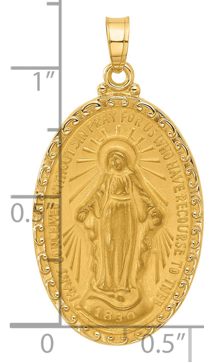 14K Satin and Polished Miraculous Medal Solid Oval Pendant, 33 x 17.6mm