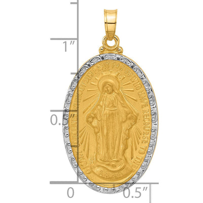 14K with Rhodium Satin and Polished Miraculous Medal Solid Oval Pendant, 33 x 17.6mm