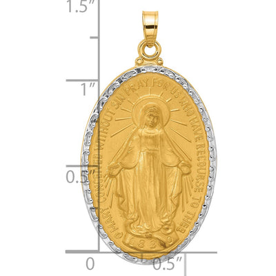 14K with Rhodium Satin and Polished Miraculous Medal Solid Oval Pendant, 37.7 x 21.2mm