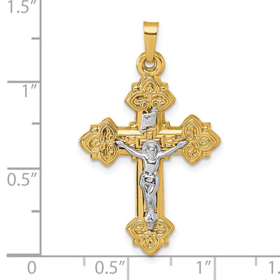 14K with White Rhodium Polished Fleur de Lis Inri Crucifix Cross Pendant, 36.3 x 20.3mm