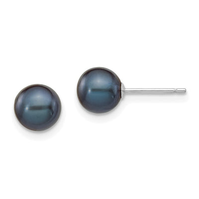 14K White Gold Black Round Freshwater Cultured Pearl Stud Post Earrings