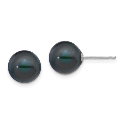 14K White Gold Black Round Freshwater Cultured Pearl Stud Post Earrings