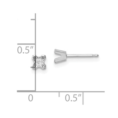 14K White Gold Princess Cut Stud Earring Mountings, 3 x 3mm