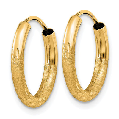 14K Satin Diamond-cut Endless Hoop Earrings, 14 x 2mm