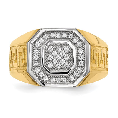 14K White Gold/ Rhodium Mens Micro Pavé CZ Octagon & Greek Key Ring