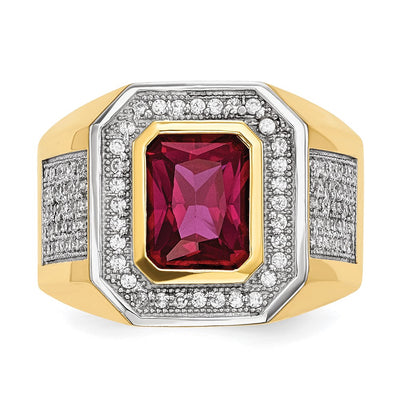 14K w/Rhodium CZ & Emerald-cut Red CZ Mens Ring