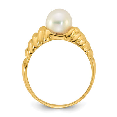 14K Polished Round White Freshwater Cultured Pearl Size 7 Scalloped Shank Ring