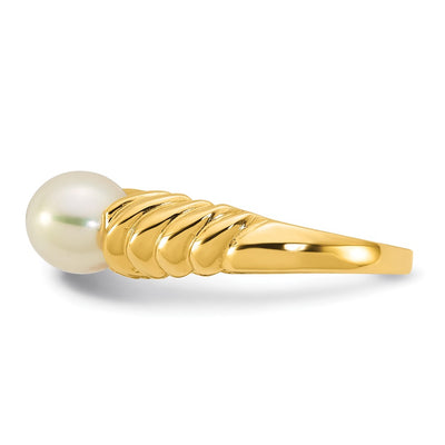 14K Polished Round White Freshwater Cultured Pearl Size 7 Scalloped Shank Ring