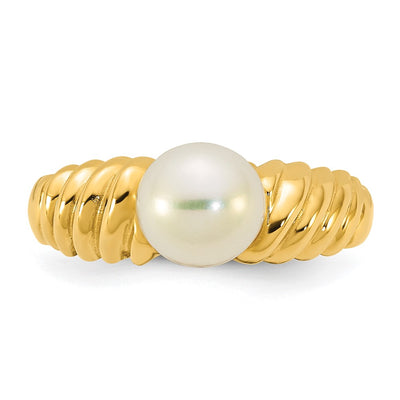 14K Polished Round White Freshwater Cultured Pearl Size 7 Scalloped Shank Ring