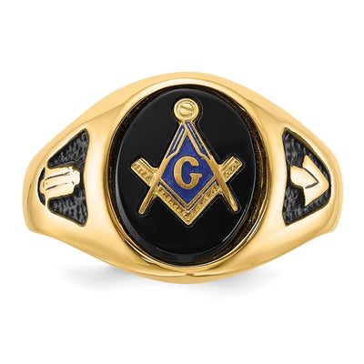 14K Men's Polished and Textured with Black Enamel and Oval Onyx Masonic Ring