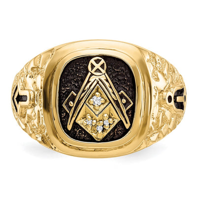 14K Polished, Antiqued and Nugget Texture Diamond Masonic Ring