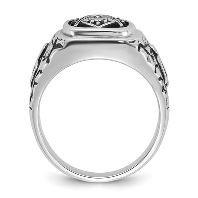 14K White Gold Men's Polished Antiqued and Textured with Black Enamel and Diamonds Masonic Ring
