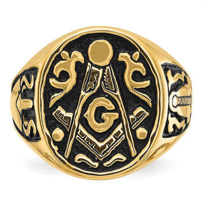 14K Men's Polished and Grooved with Black Enamel Masonic Ring