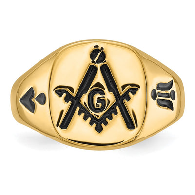 14K Men's Polished and Grooved with Black Enamel Masonic Ring