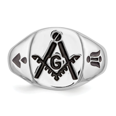 14K White Gold Men's Polished and Grooved with Black Enamel Masonic Ring